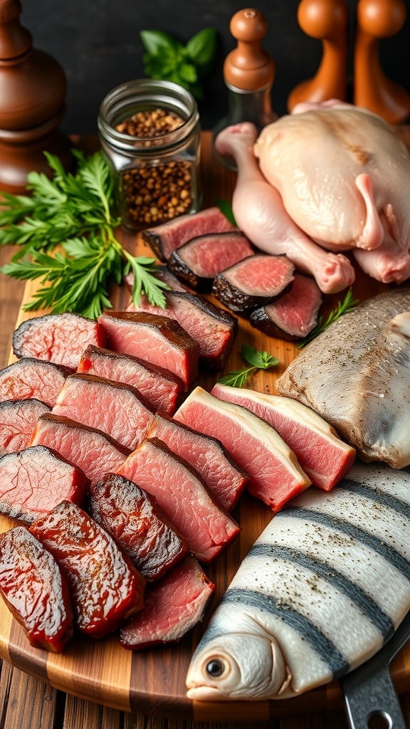 An assortment of meats including steak, chicken, and fish on a cutting board in a rustic kitchen.